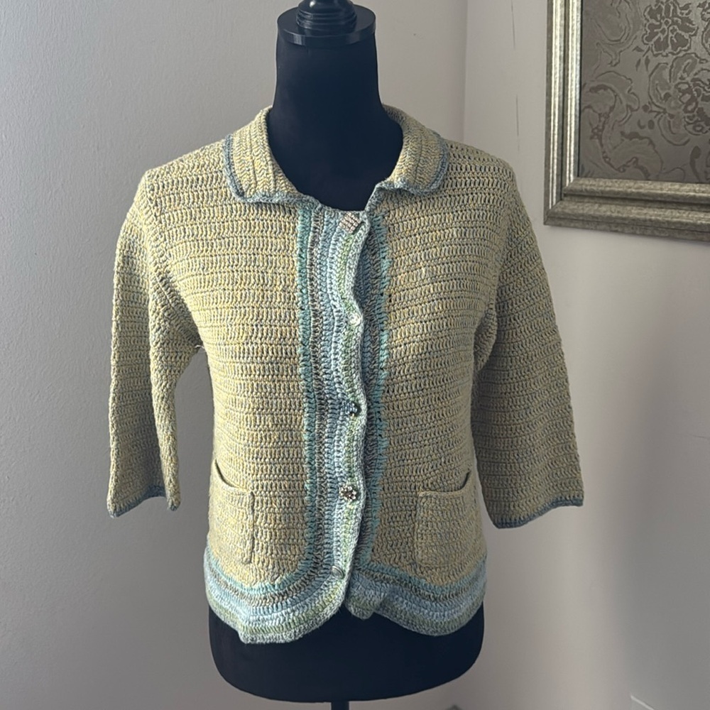 J.β Jill Hand Crochet buttoned down cardigan sweater light green aqua Sz XS